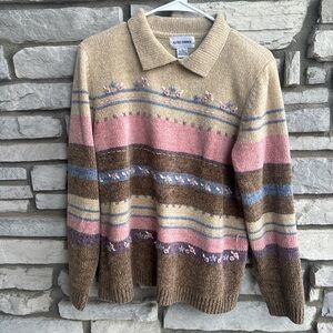 Alfred Dunner Women’s Floral Striped Sweater - Pink, Brown, Blue